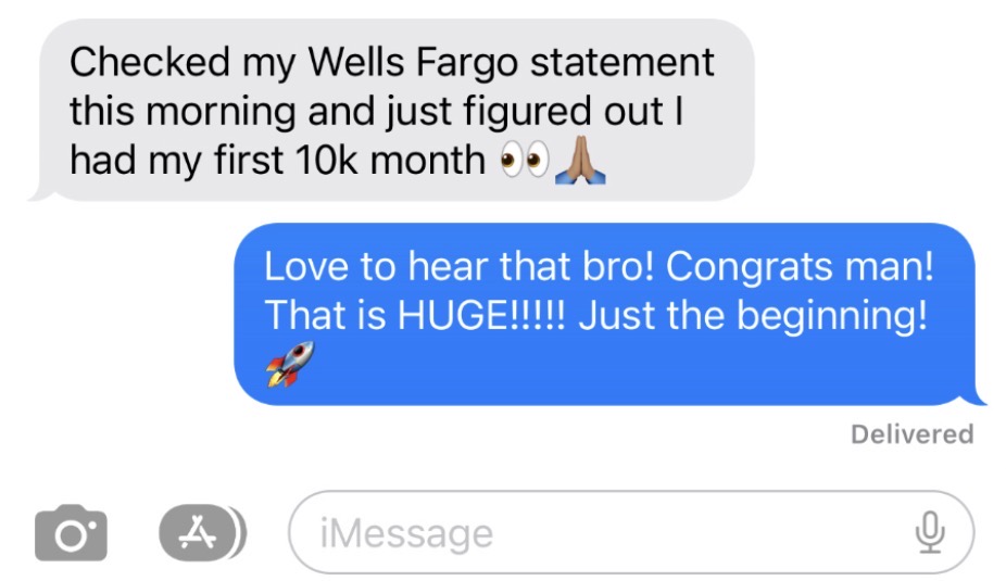 Text message from a student saying they just had their first 10k month
